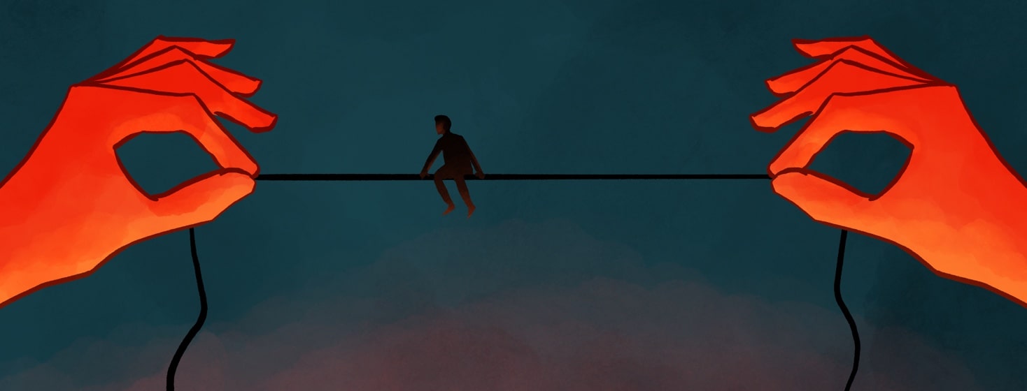 person sitting on a string being held up by two big hands