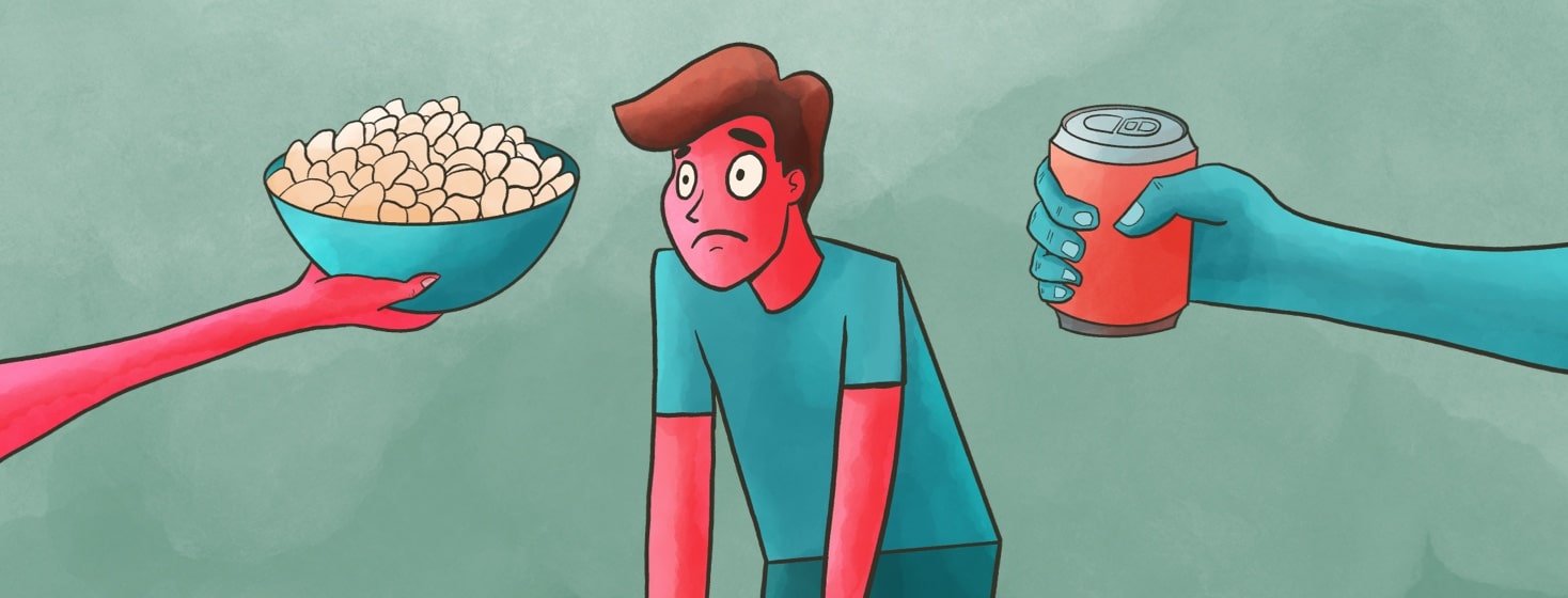 person overwhelmed by people overing chips and soda