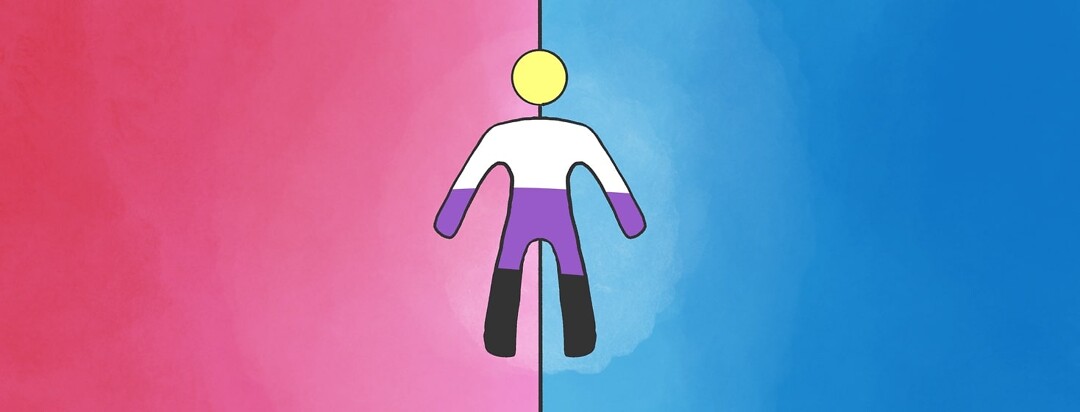 an outline of a person filled with the nonbinary flag colors placed between pink and blue blocks