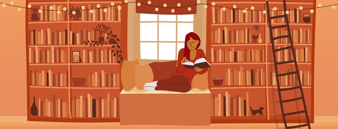 Woman reading book in front of window and bookshelves