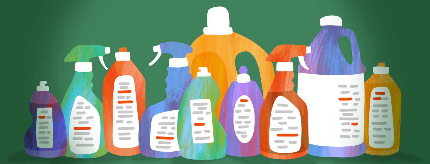 A row of various cleaning product bottles with red lines highlighted on their ingredients lists.