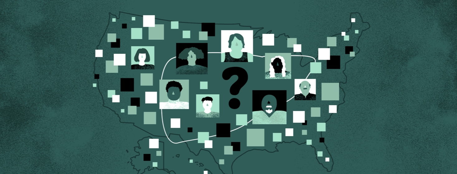 The outline of United States is overlaid with the outline of a liver and profile images of many different people surrounding a question mark in the middle