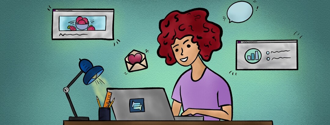 Biracial woman sitting on HSDisease.com reading all of the fun information, as the windows, and icons appear around her desk.