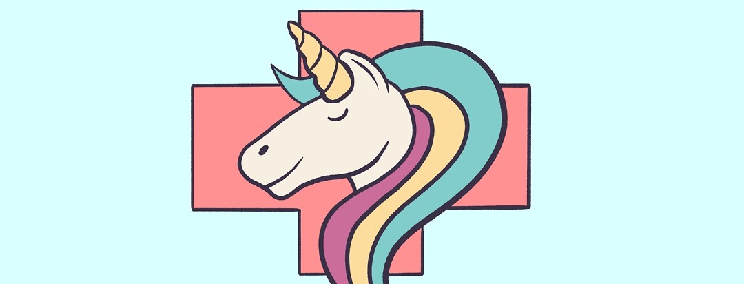 a unicorn with a medical cross behind it