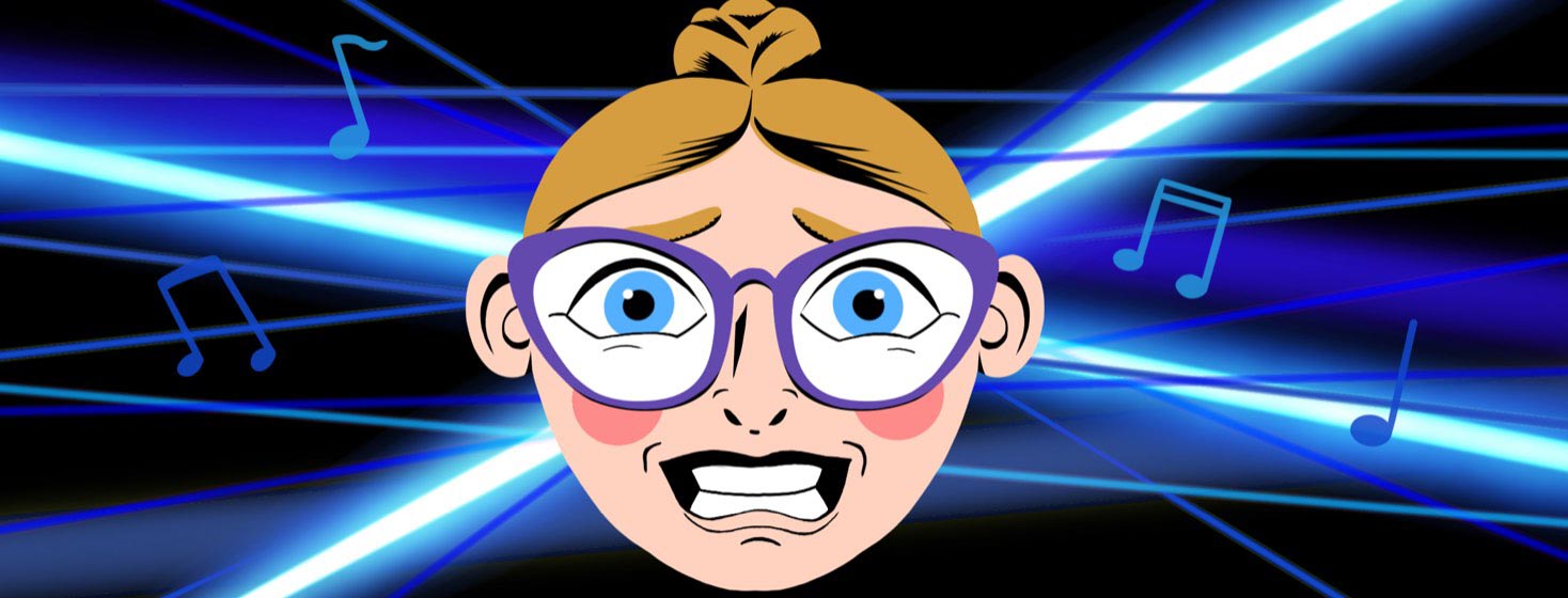 A woman in glasses with a forced, distressed smile. Blue lights, lasers, and music notes surround her.