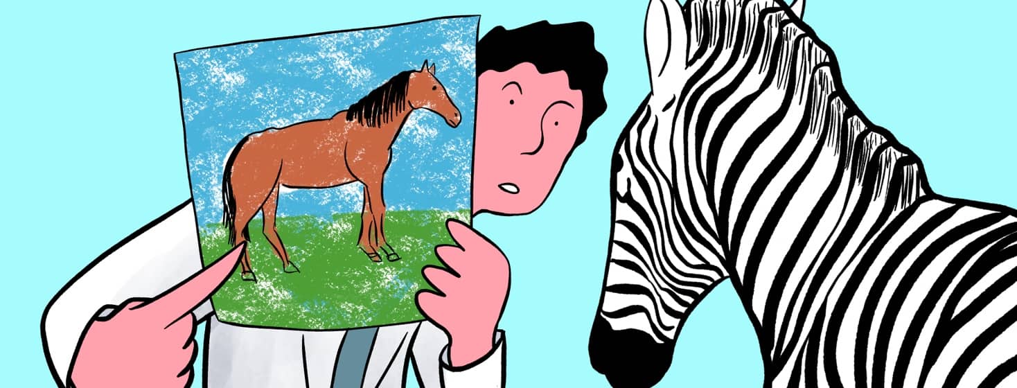 a doctor is looking at a zebra while pointing at a picture of a horse