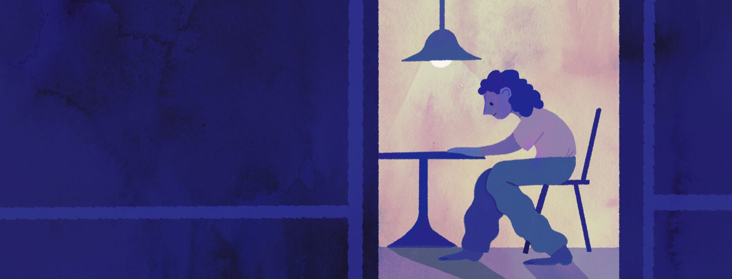 A woman in cool, sad colors, hunched slightly over a poorly lit kitchen table alone.
