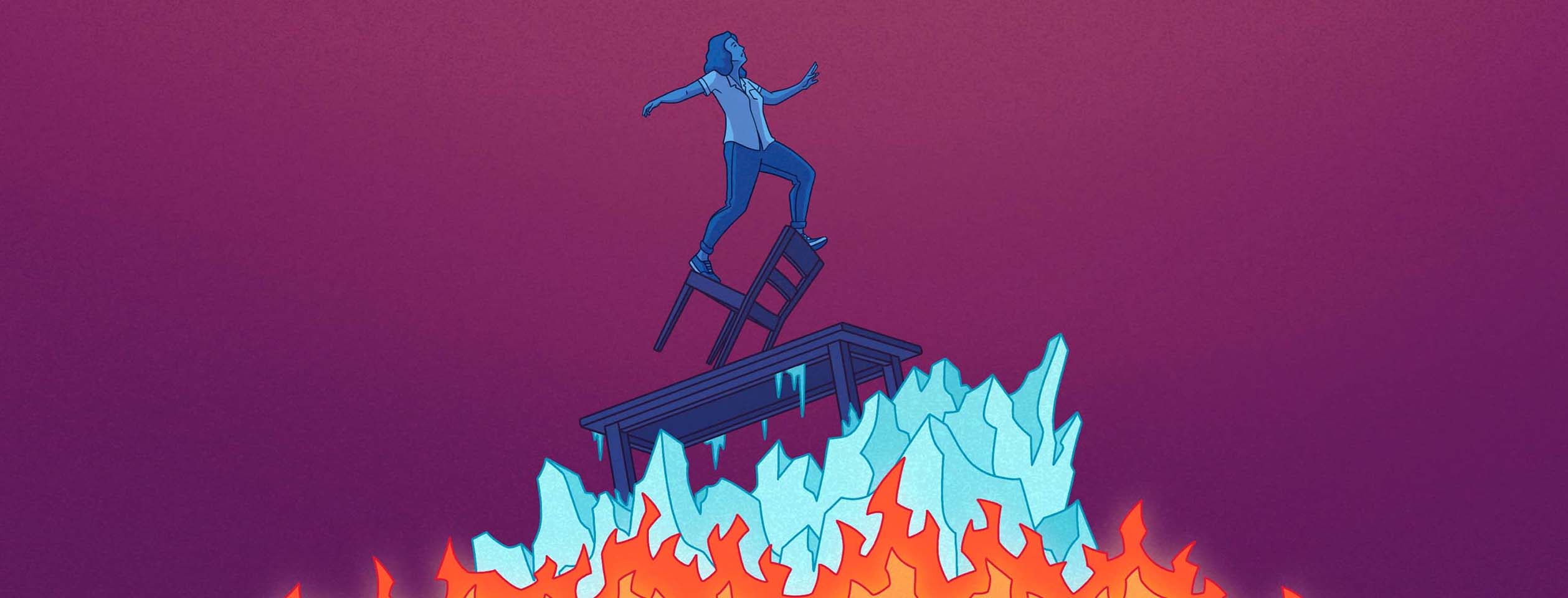 A woman struggles to balance on a pyramid of fire, ice, and furniture