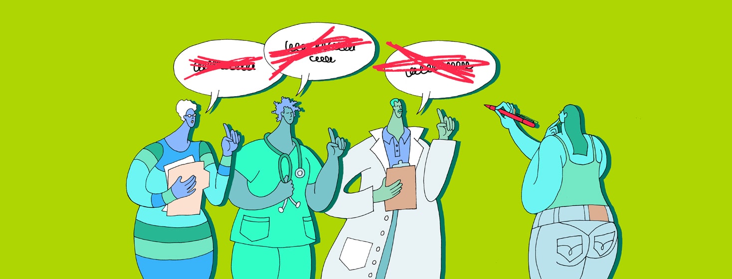 Three doctors giving their diagnosis opinions to a patient, who has a red marker and is crossing out their word bubbles because they're not accurate.