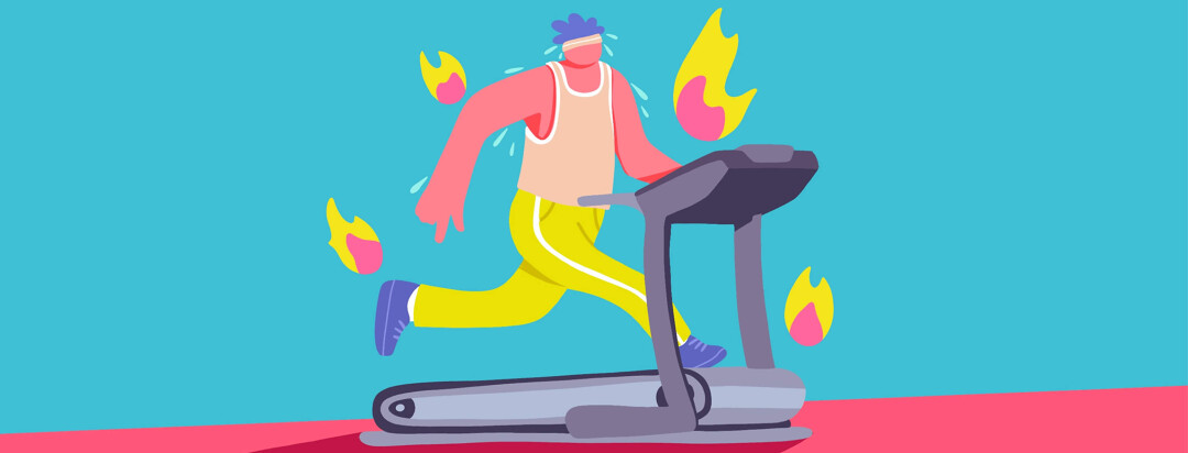 A man is running on a treadmill as flames erupt around him