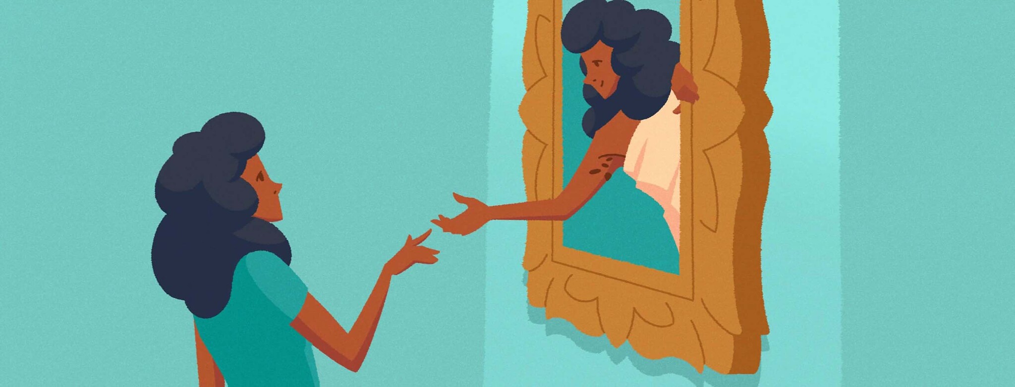 Adult woman reaching out to a more self-assured version of herself emerging from an ornate frame