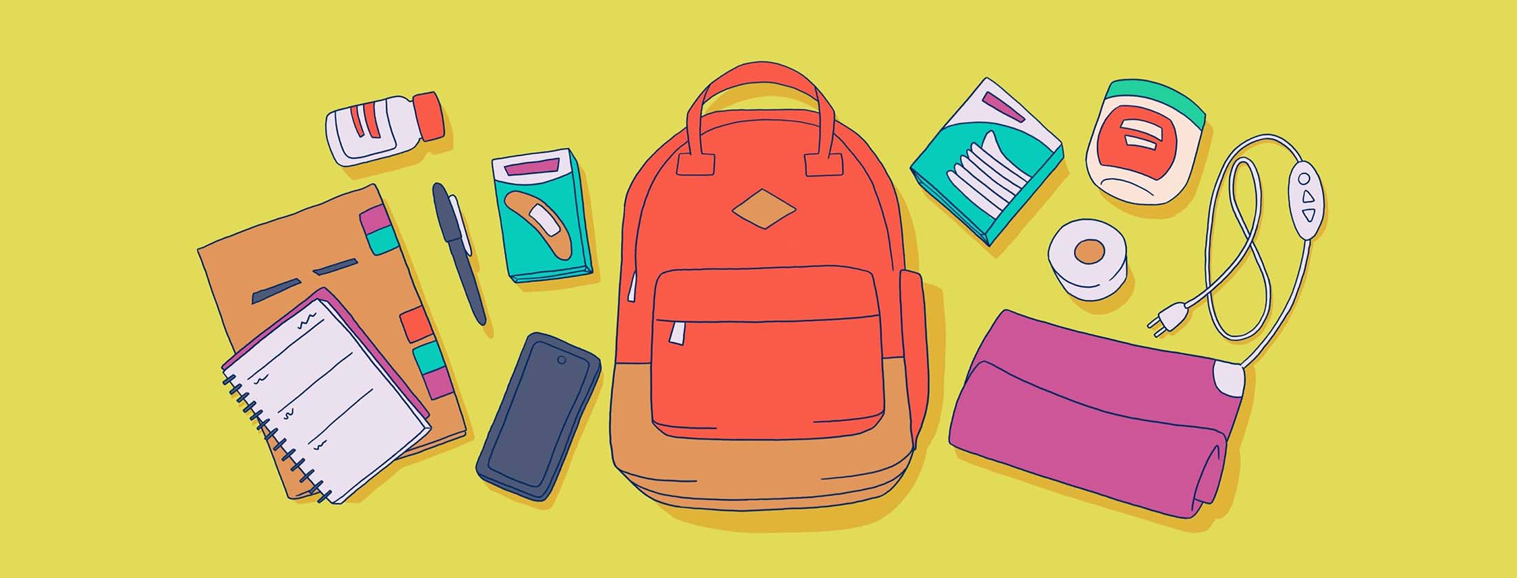 School backpack surrounded by items for wound care, daily planning, and medical documentation