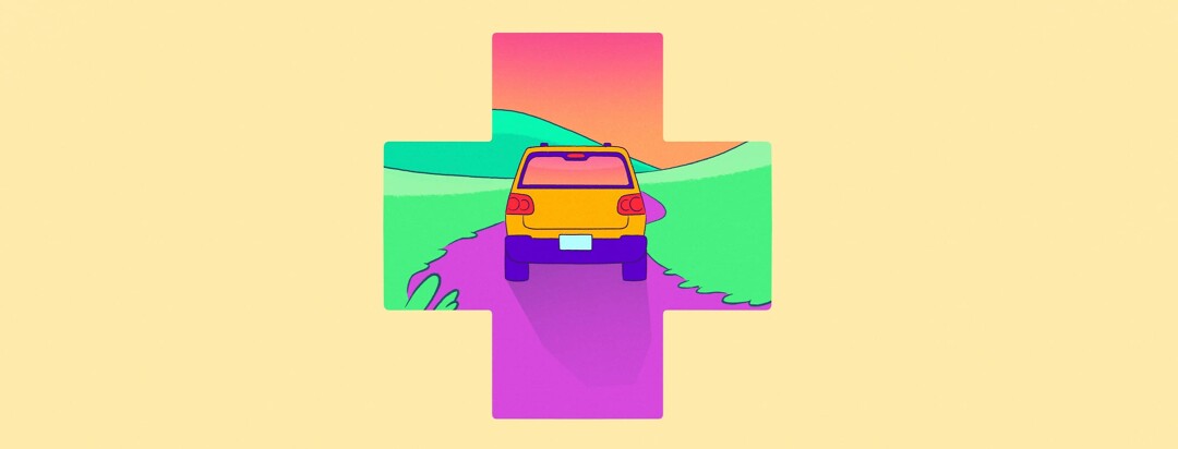Medical cross design encompasses imagery of a car journeying through rolling hills in the late afternoon