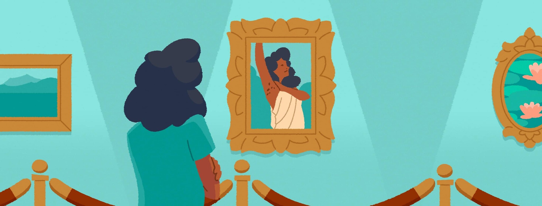 Woman in an art gallery looks at a beautiful yet vulnerable painting of herself
