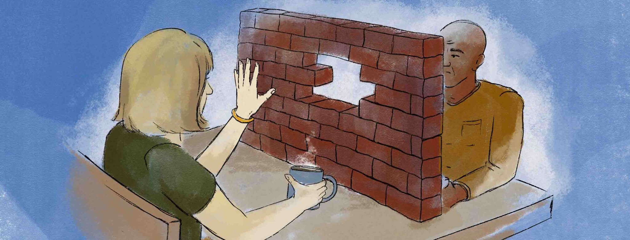Two people having coffee with a brick wall between them on the table
