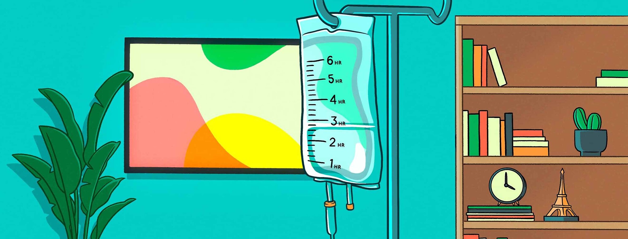 An IV bag on a stand in a living room for home infusions