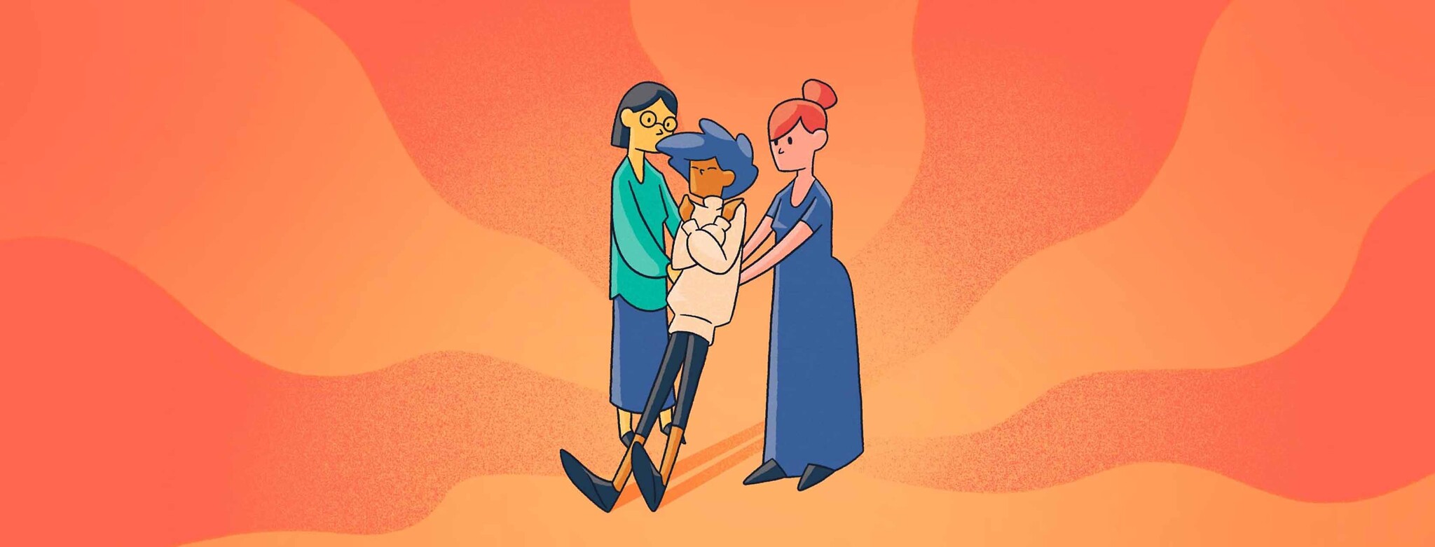 the attached feature depicts an adult woman engaged in a trust fall and two other women ready to catch her