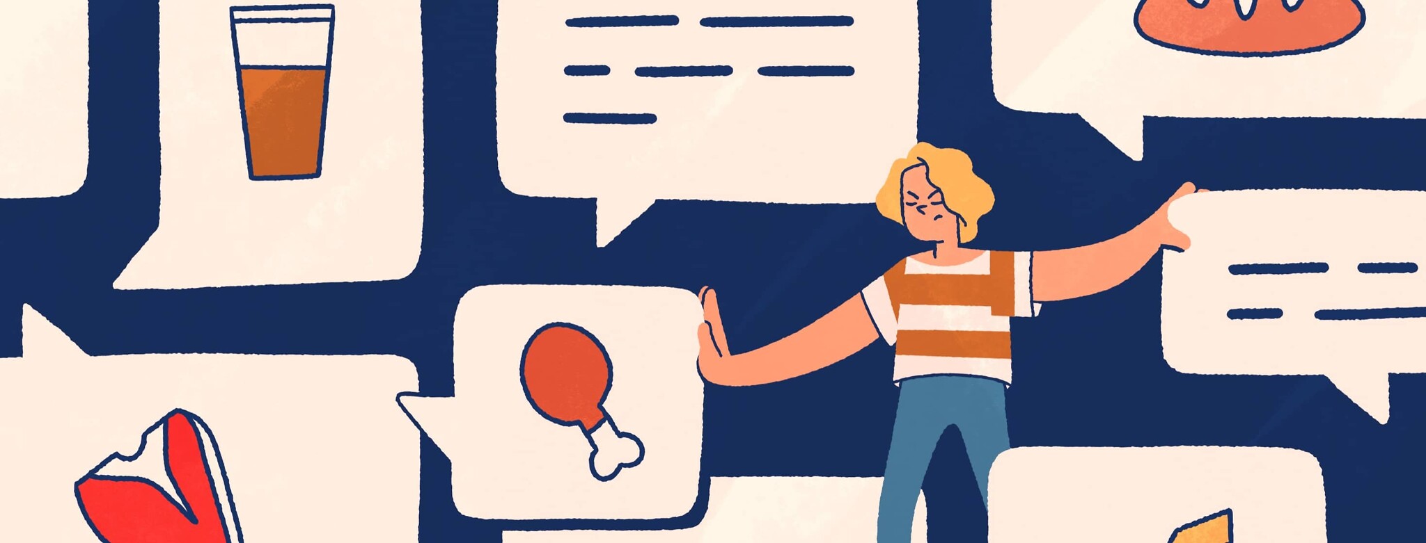 An adult woman with a frustrated look pushes her way through a wall of comment bubbles containing stigmas