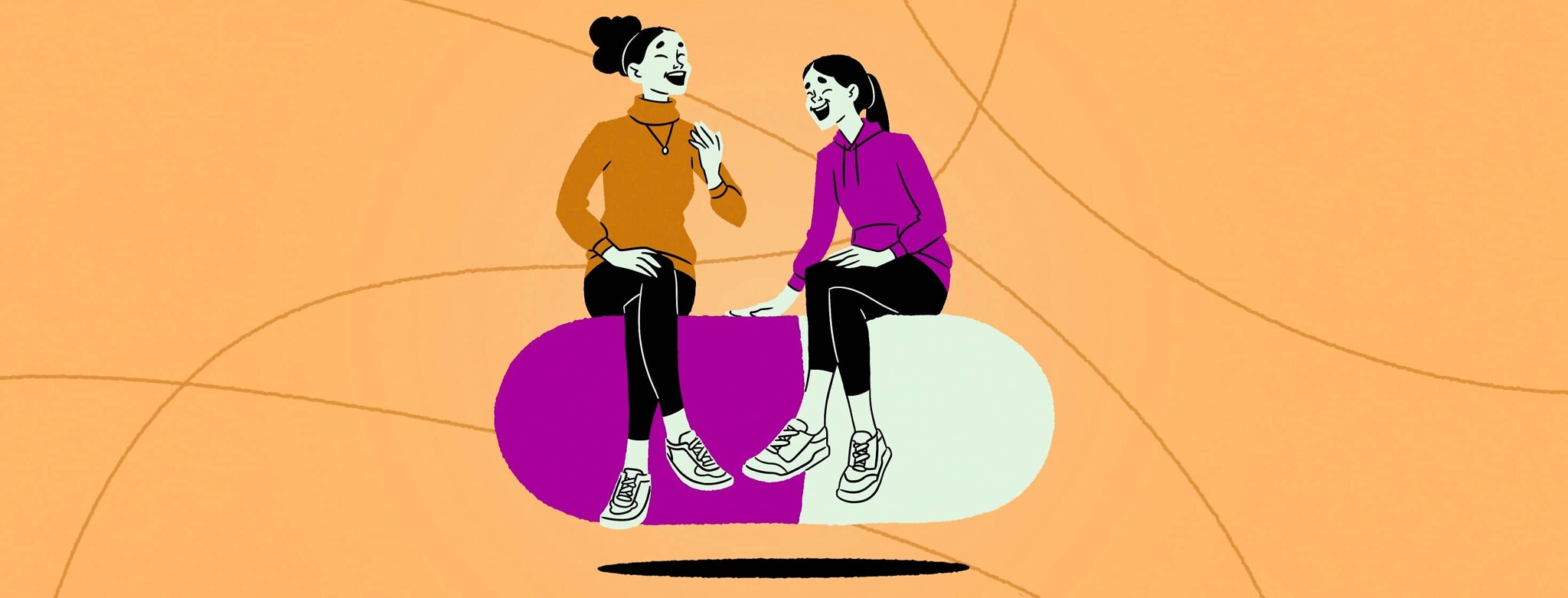 Two adult women sit and laugh on an oversized floating pill