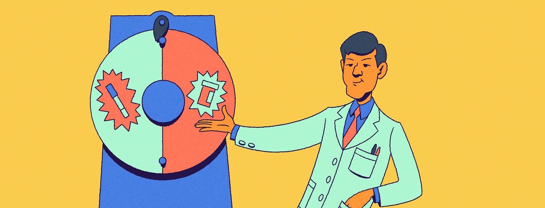 A doctor gestures toward a game show spin wheel depicting only two generic medications