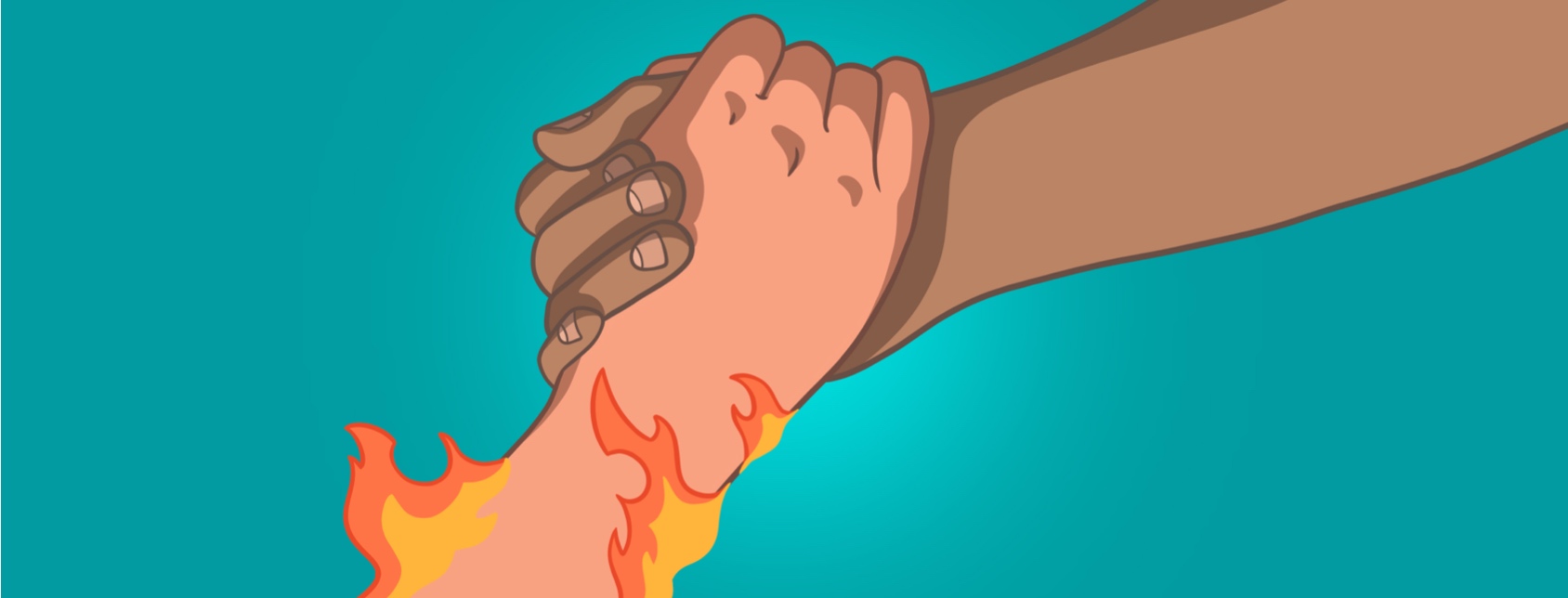 A hand covered in flames clasps another helping hand