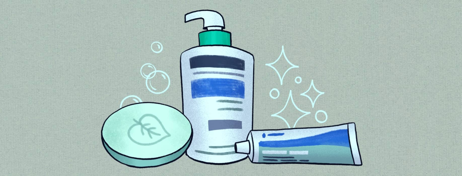 A bar of soap, a bottle of lotion, and a tube of ointment grouped together against a green background