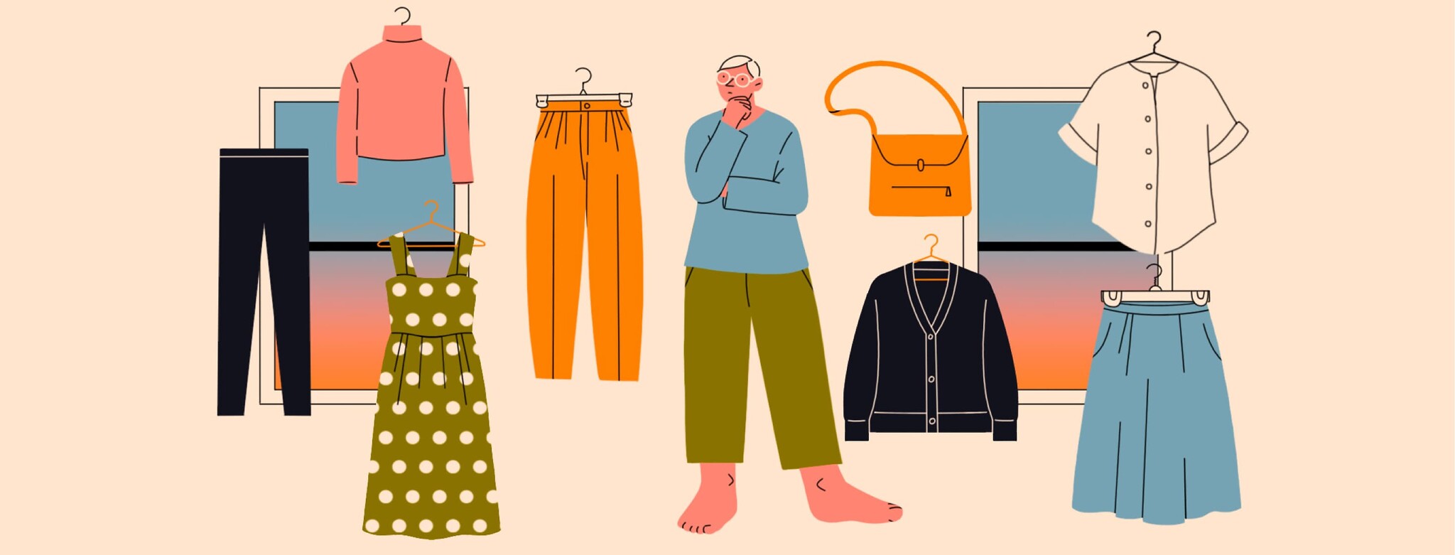 A person standing while deciding between various outfit choices as the morning sunlight shines through two windows