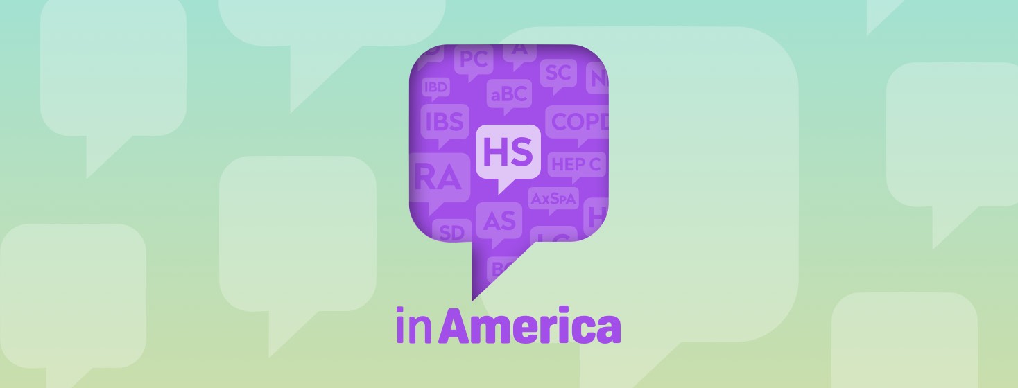 A speech bubble highlighting the HS logo above the words In America, surrounded by a fainter word cloud of logos for other Health Union websites.
