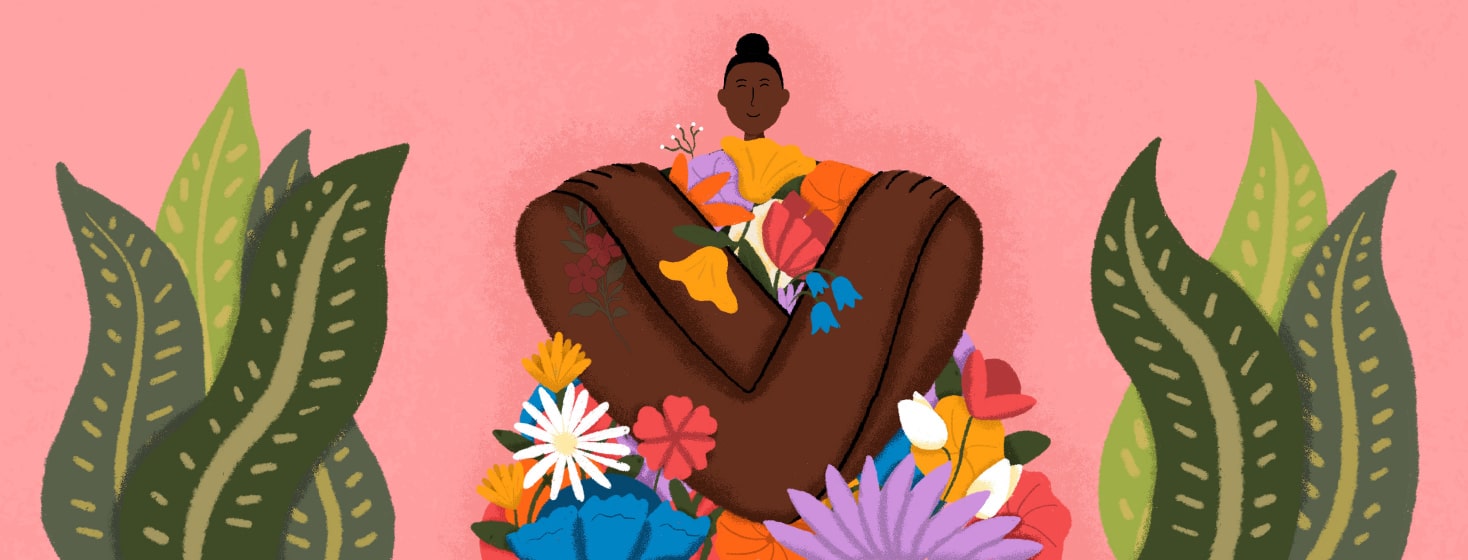 a woman hugging herself and her body is made of flowers